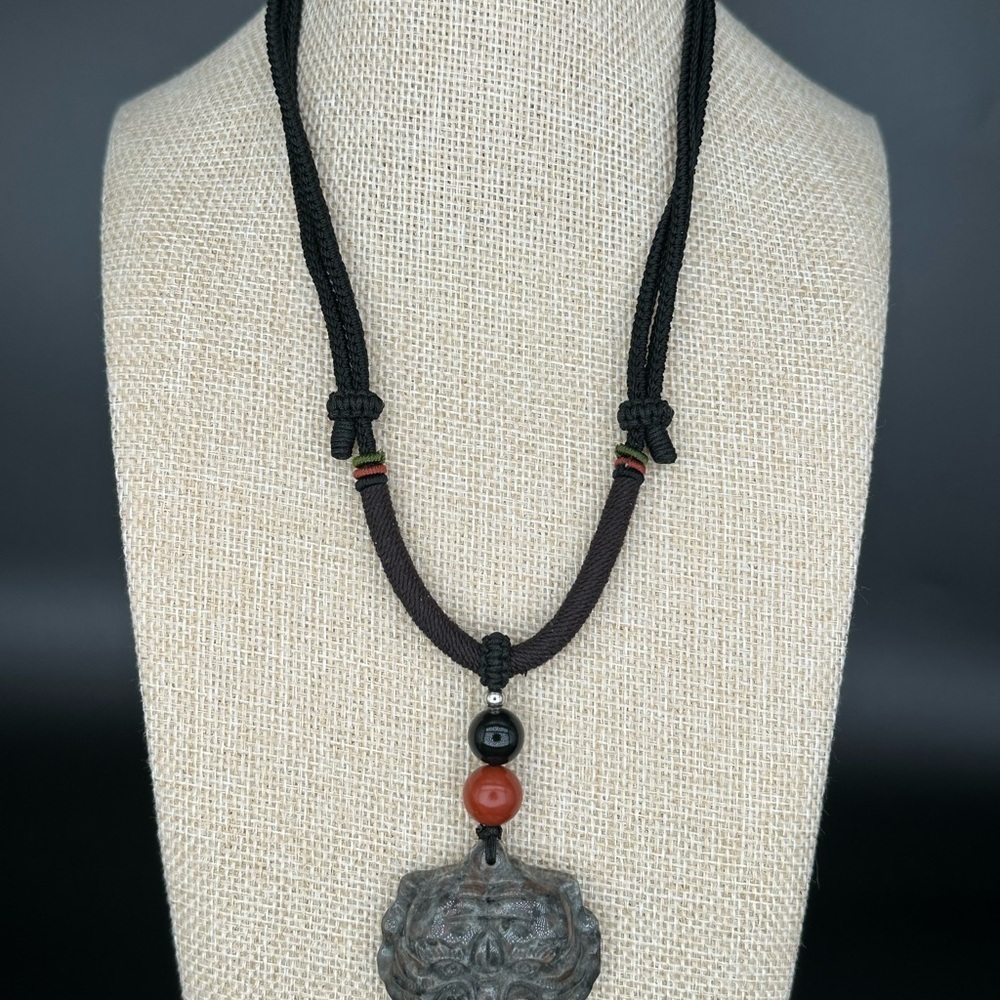 Yooperlite Tiger Pendant Necklace; Red Jasper and Onyx on Brown and Black Rope - Picture 3 of 10